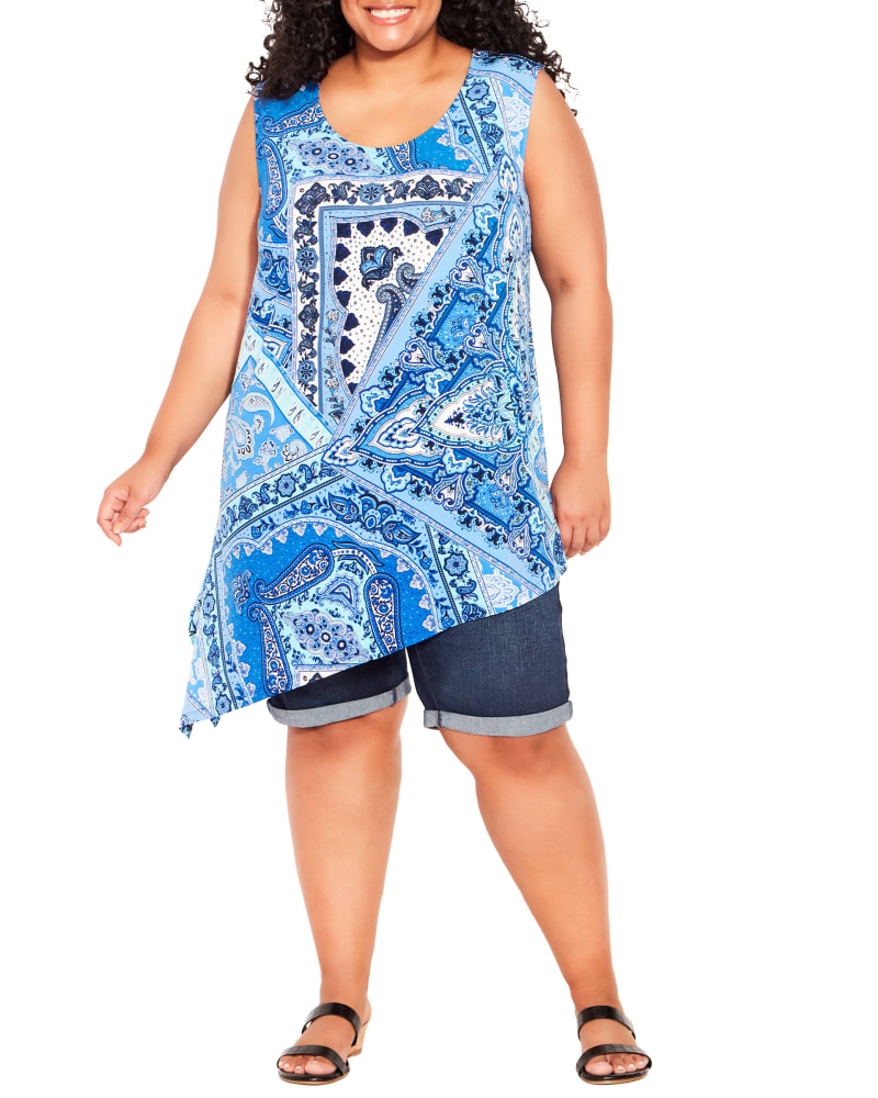 Plus size model wearing Mallory Scarf Print Asymmetrical Top by avenue | Dia&Co | dia_product_style_image_id:197405